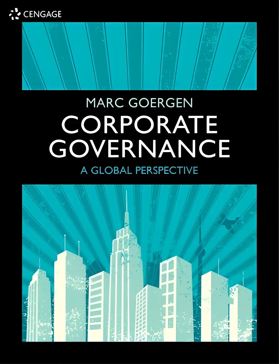 De boekomslag van corporate governance a global perspective toont een modern ontwerp met een teal en witte stadsgezichtsgrafiek op zwarte achtergrond