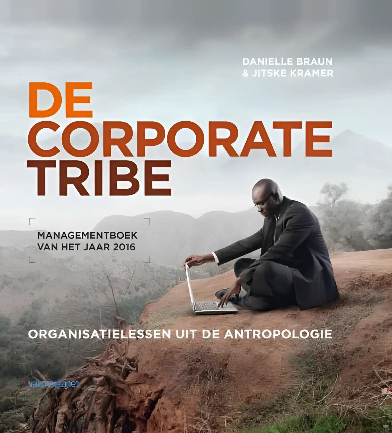 De corporate tribe boekomslag met gedurfde oranje en bruine tekst over dramatisch landschap door danielle braun en jitske kramer