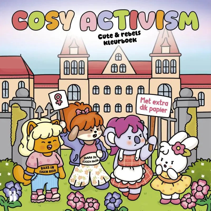 Cover van cosy activism kleurrijk kinder kleurboek met cartoon dieren en protestborden voor schoolgebouw