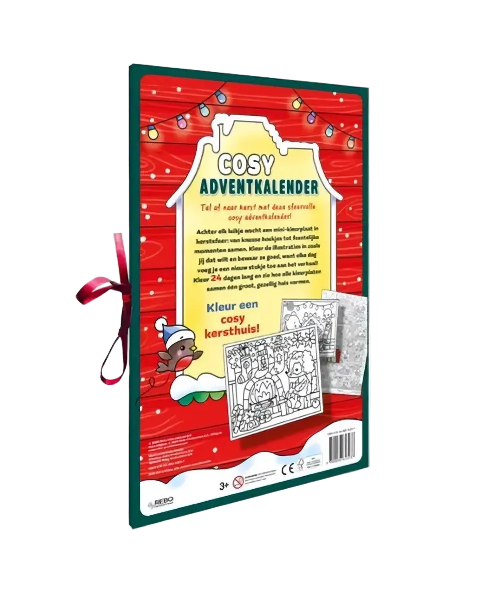 Cosy adventkalender van katie woods met roodgroene houten feestelijke omheining en cartoonvogel met hoed