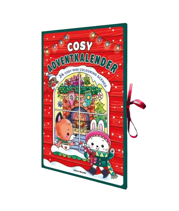 Cosy adventkalender met rode en groene kleuren en cartoon vos en konijn in een gezellige winterscène