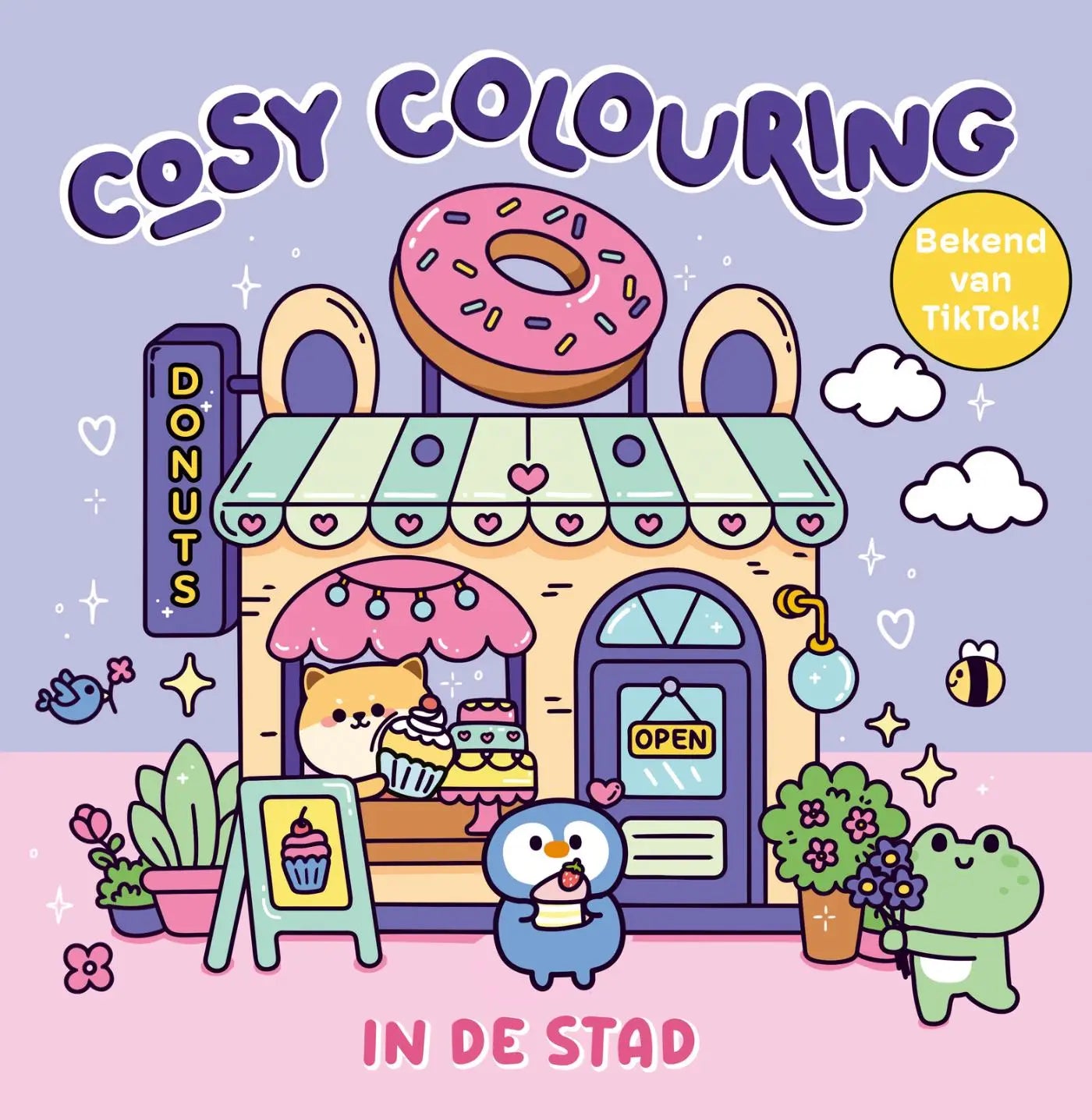 Cosy colouring in de stad toont een pastelgekleurde cartoon donutwinkel met een roze glazuur donut en regenboogsprinkels op het dak