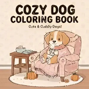 Cosy dog coloring book met zachte, geïllustreerde kaft met vriendelijke beagle zittend in een fauteuil voor dog coloring