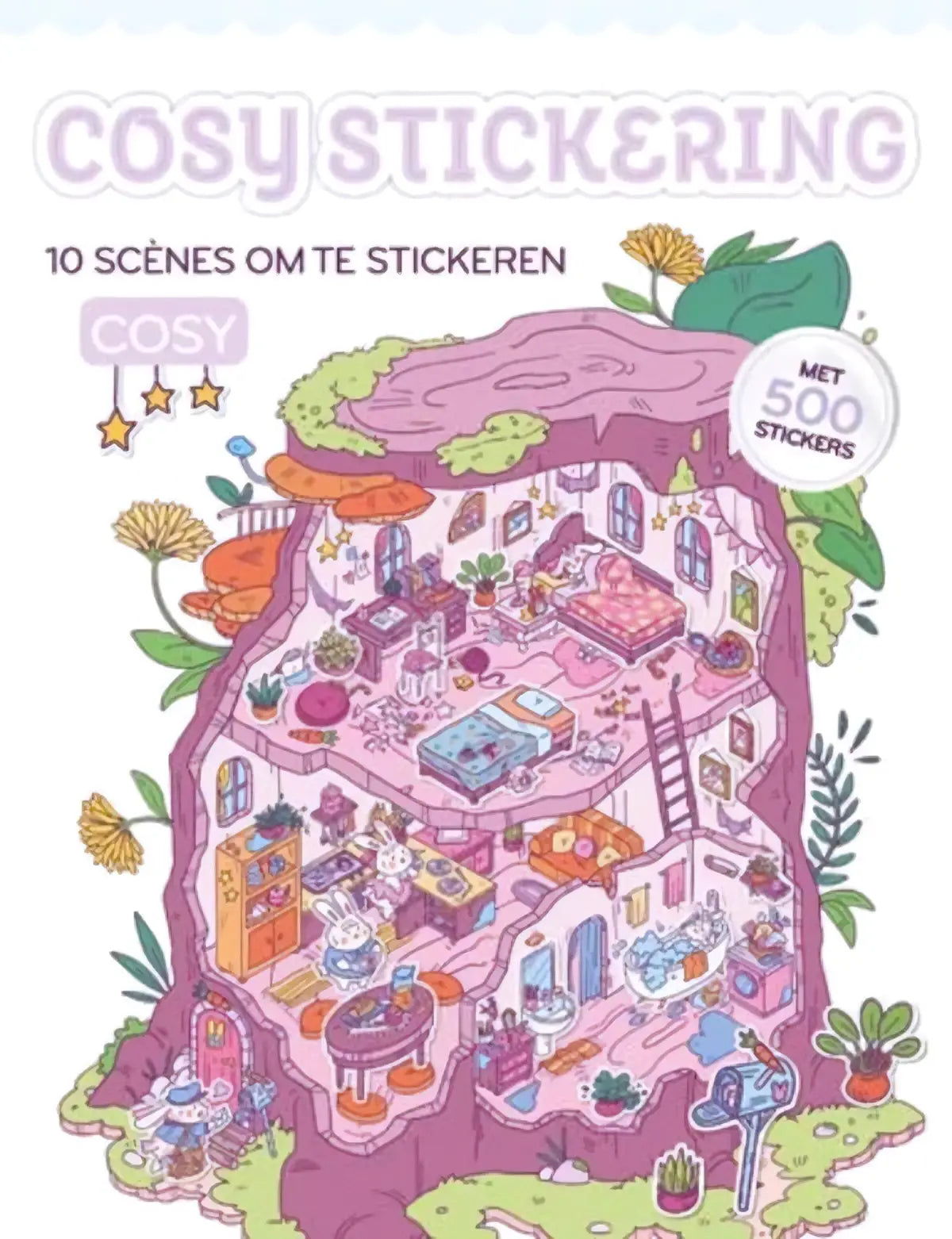 Cosy stickering is een veelzijdig stickerboek met een knus roze paars grotachtig huis en 500 stickers voor binnen speelplezier