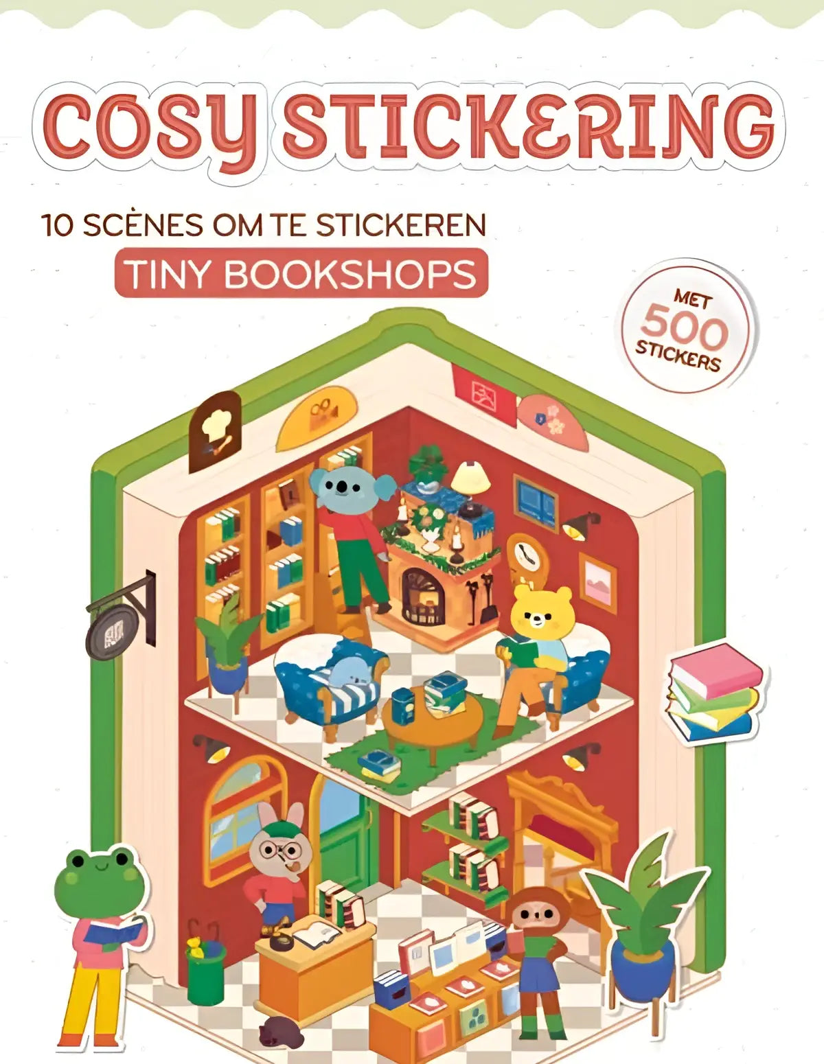 Een kleurrijk cosy stickering stickerboek met 10 scènes en 500 stickers voor het versieren van tiny bookshops