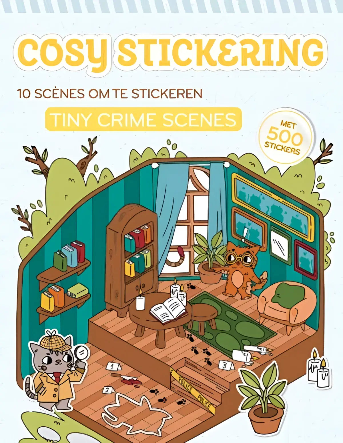 Ace boekenhoes met een cosy stickering boek en een kleine crime scène met teal muren en houten meubels