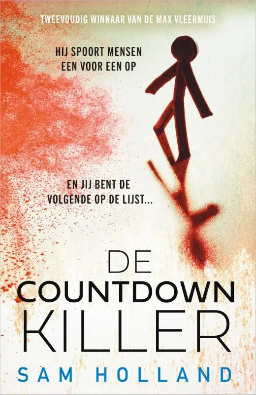 Boekcover van de countdown killer met zwart silhouet van rennend figuur die mensen een voor een opspoort