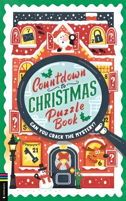 Een feestelijke rode en witte adventskalender puzzelboek countdown to christmas met vergrootglasontwerp en noordpool thema