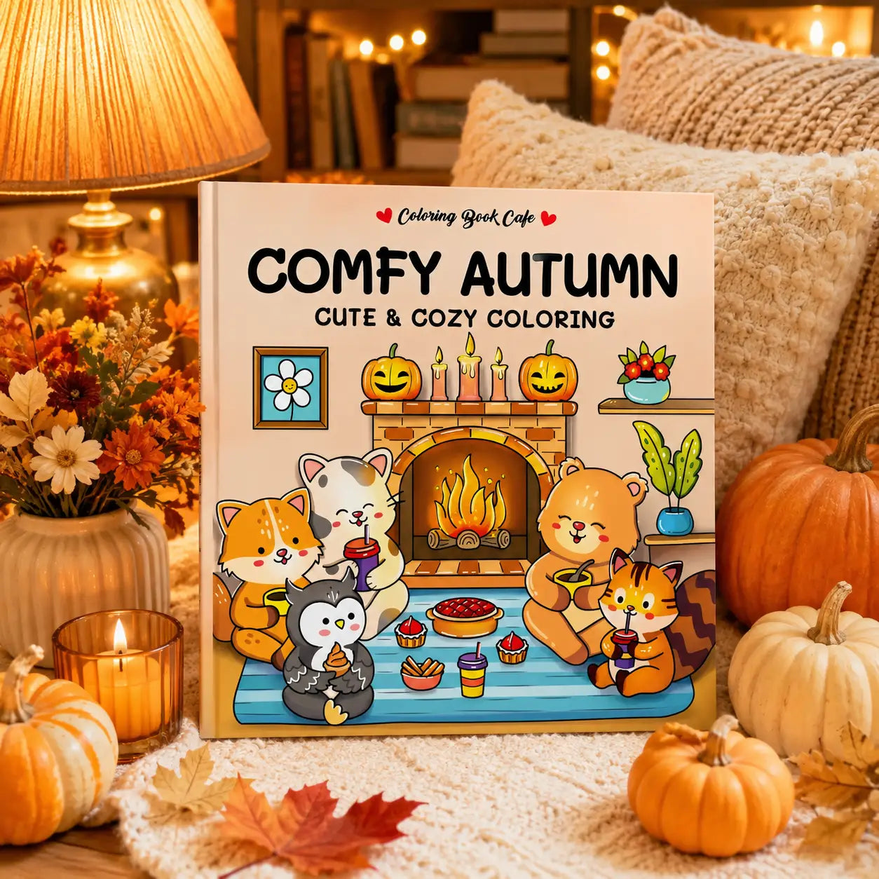 Cozy autumn kleurboek featuring kawaii dieren around a fireplace with pumpkins and candles on the cover