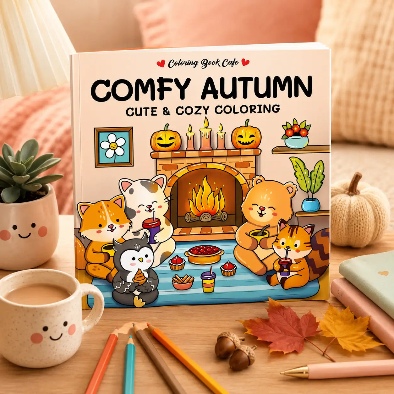 Cozy autumn kleurboek een crèmewit cozy colouring book met kawaii dieren rond de haard en herfstdecoraties