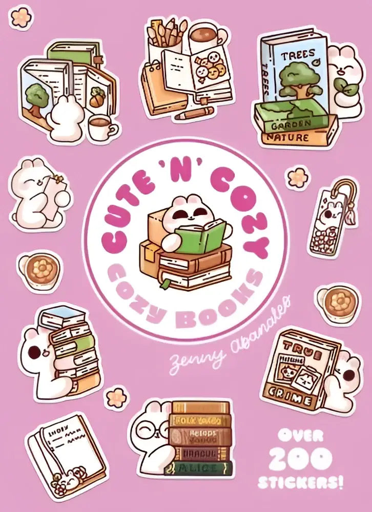Roze ronde sticker met een schattige cartoon panda die leest op stapels boeken uit cozy little sticker boek met meer dan 200 stickers