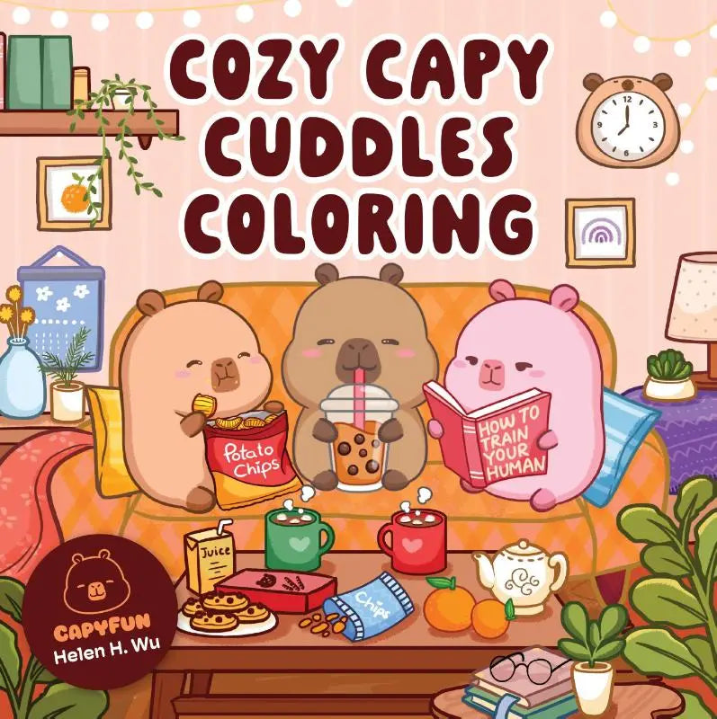 Cozy capy cuddles coloring book met kawaii capybara coloring ontwerp van drie schattige capybara s met snacks op een bank