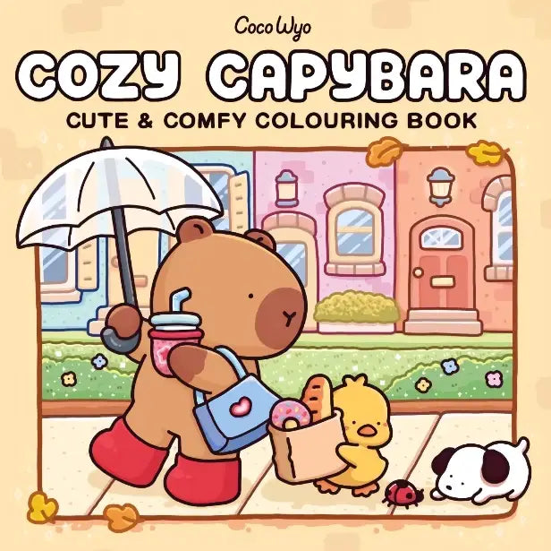 Cozy capybara kleurboek met schattige bruine beer, gele kuiken en wit hondje in pastelstad, coco wyo product
