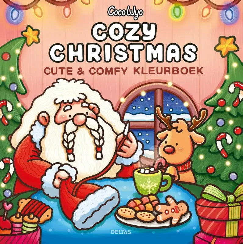 Cozy christmas cute en comfy kleurboek van coco wyo met cartoon kerstman en feestelijke elementen zoals bomen en koekjes