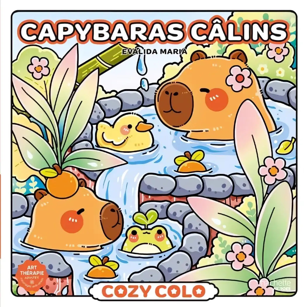 Cozy coloring – capybaras is een zachte kleurrijke illustratie met schattige oranje capibara’s in een waterlandschap