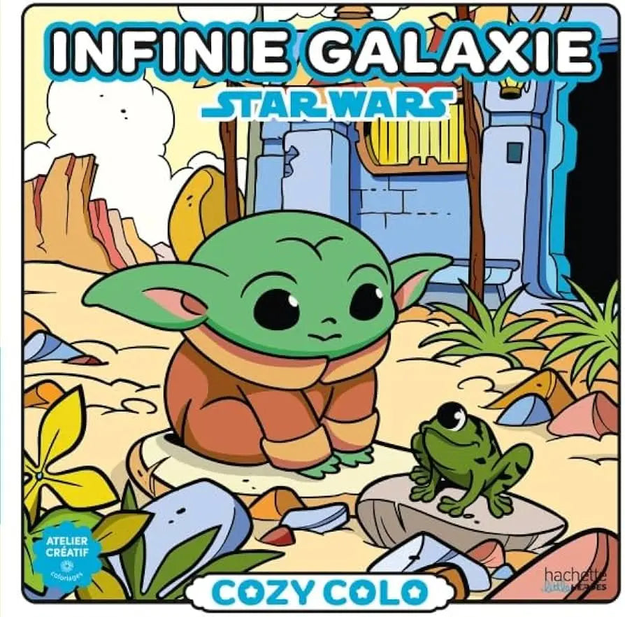 Een groene cartoon baby yoda in een bruin oranje gestreepte jas zit in een woestijn in cozy coloring star wars product