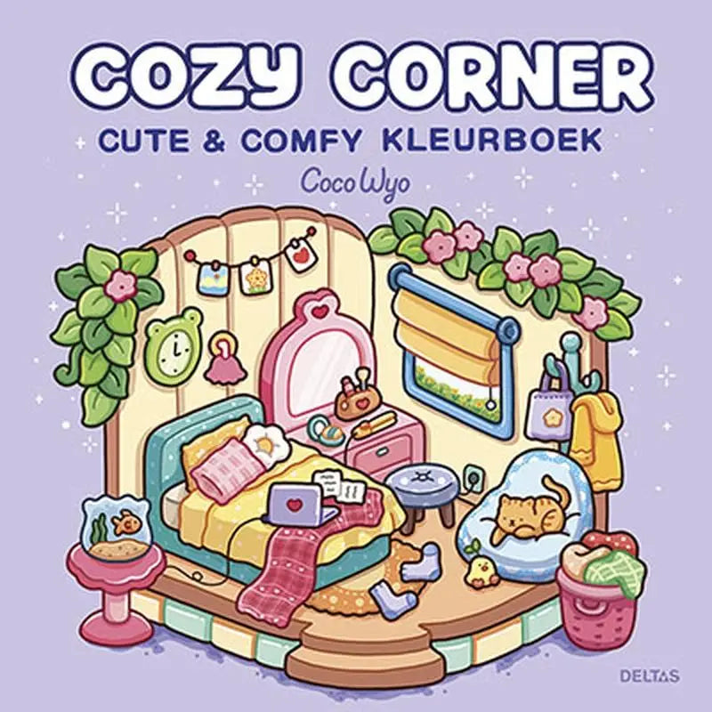 Cozy corner cute kleurboek met pastelroze en mintgroene kawaii slaapkamerillustratie voor ontspanning en creativiteit
