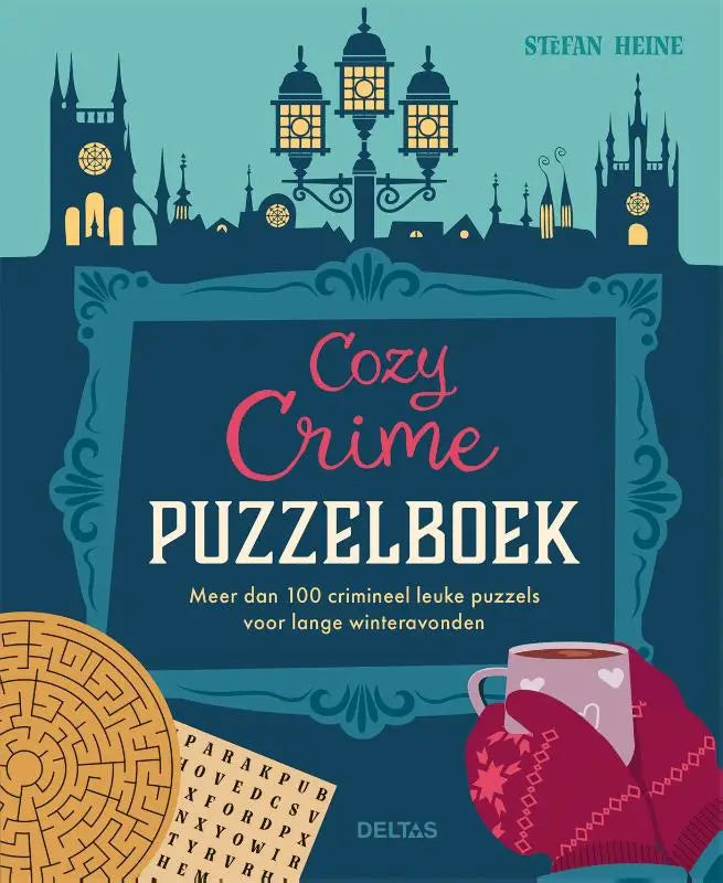 Cozy crime puzzelboek van stefan heine met een kleurrijke teal en roze omslag, woordzoekpuzzels, mokken met harten en rode wanten