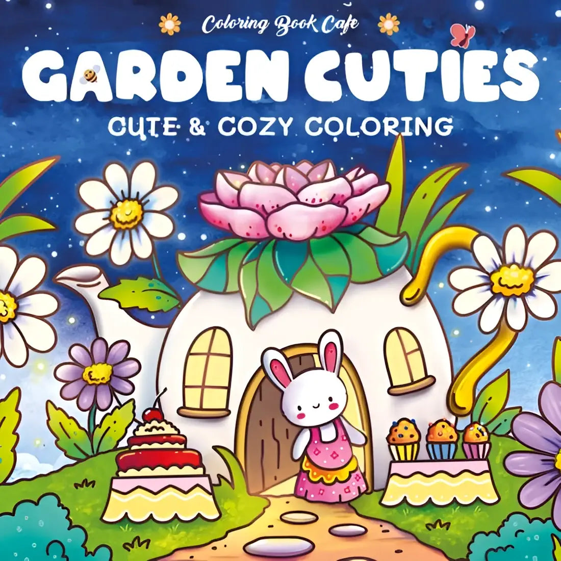 Cover van cozy cuties kleurboek met een witte konijn in een roze jurk voor een teepot huis tuin cuties cozy colouring