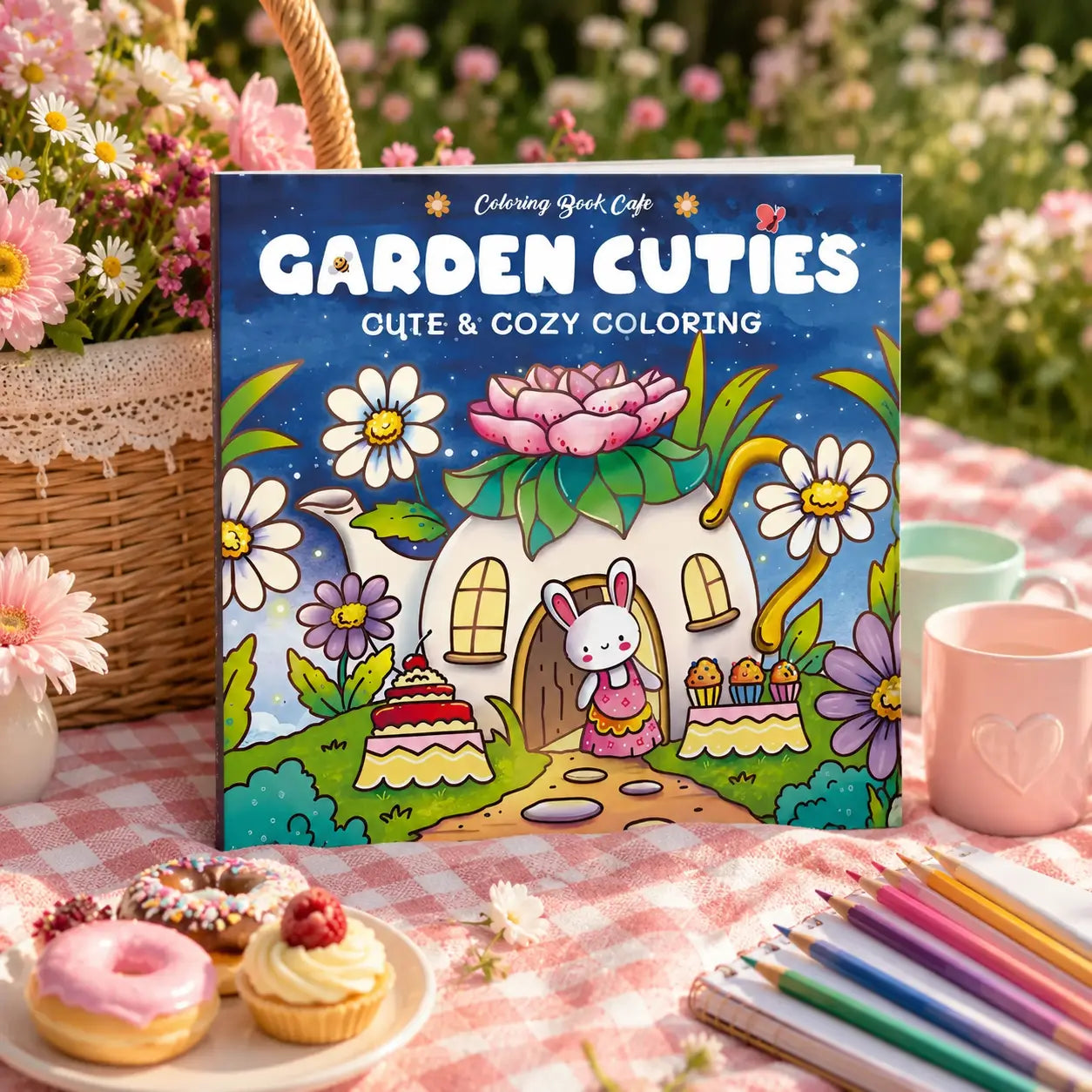 Een levendig blauw garden cuties kleurboek met kawaii dieren zoals een konijn voor een bloemenhuis voor ontspannend kleuren in cozy colouring stijl