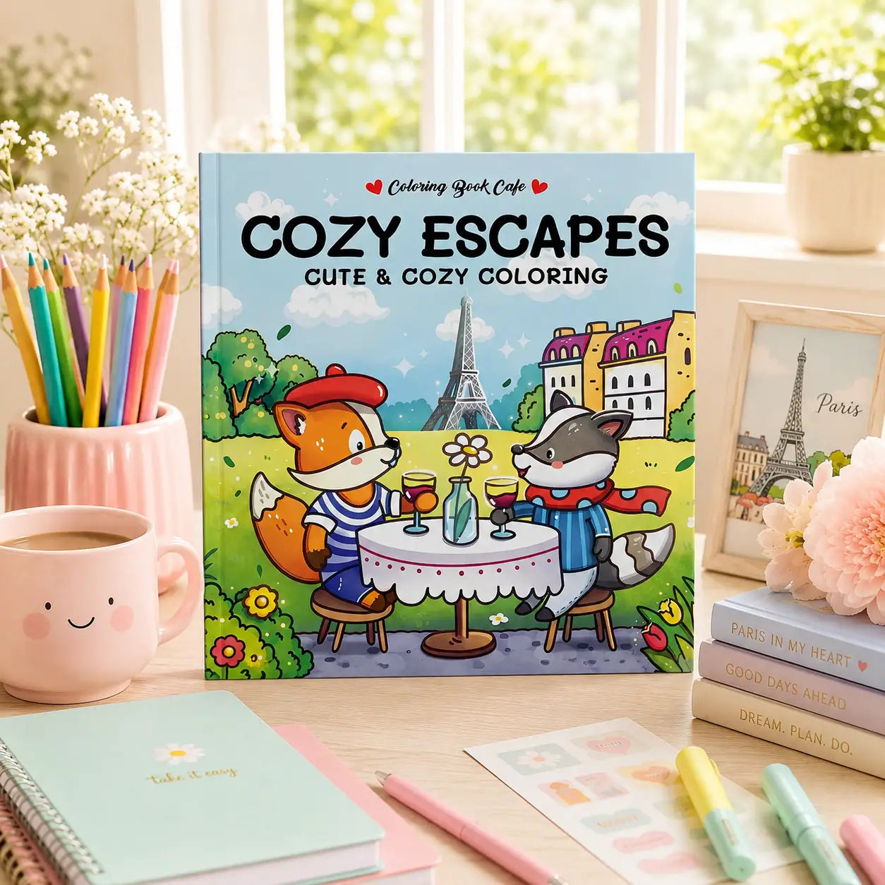 Cozy escapes kleurboek met kawaii illustraties van vos en wasbeer in parijse café met eiffeltoren, coloring book cafe