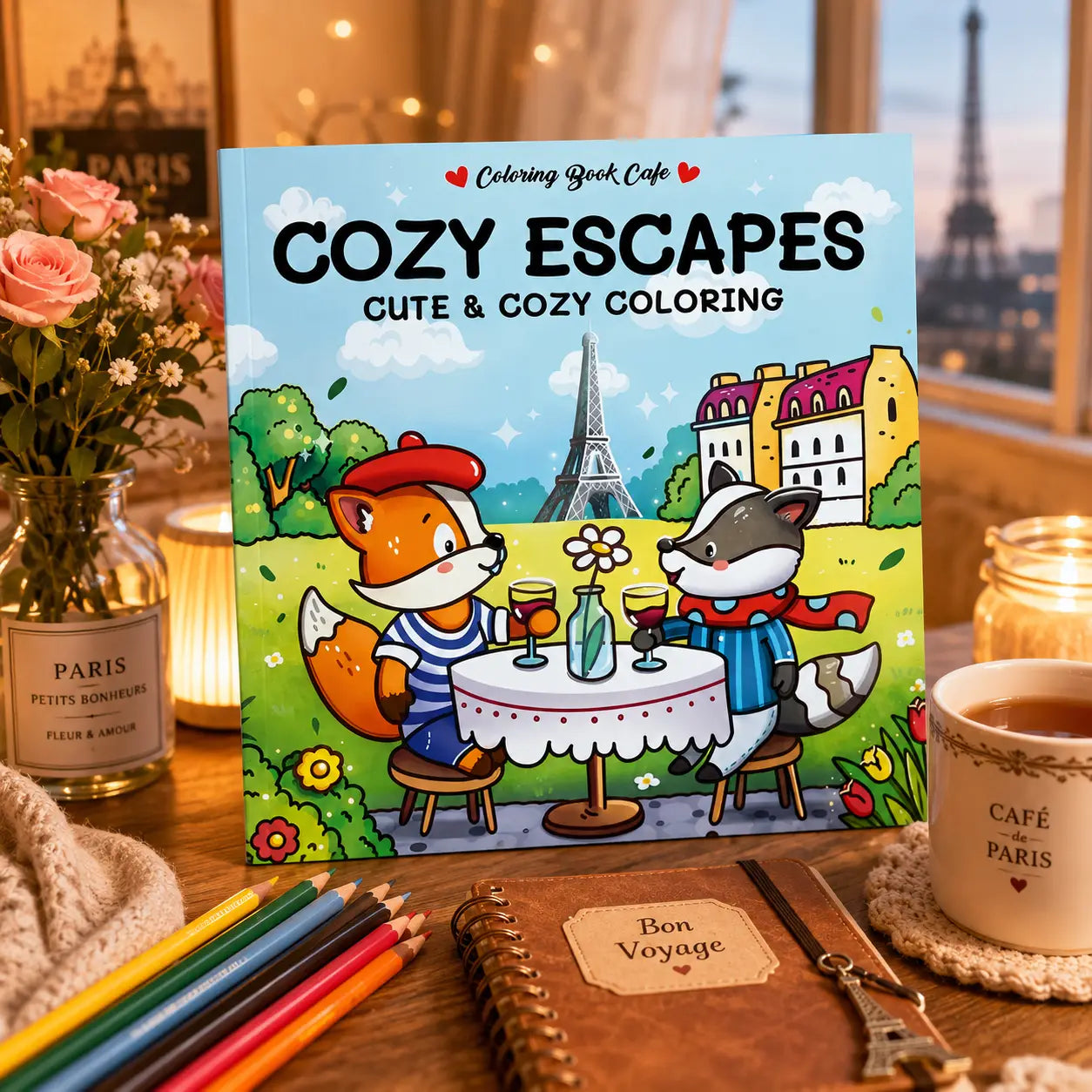 Cozy escapes kleurboek met kawaii illustraties van cartoonvossen in parijse kleding aan een buitencafé