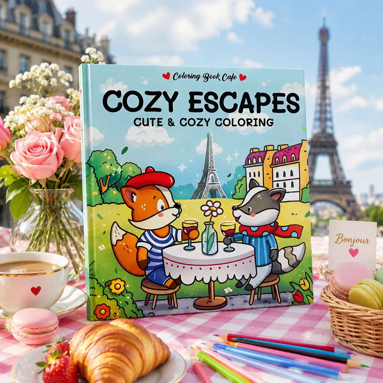 Colorful cozy escapes kleurboek with kawaii illustraties of foxes and raccoon enjoying coffee near Eiffel Tower
