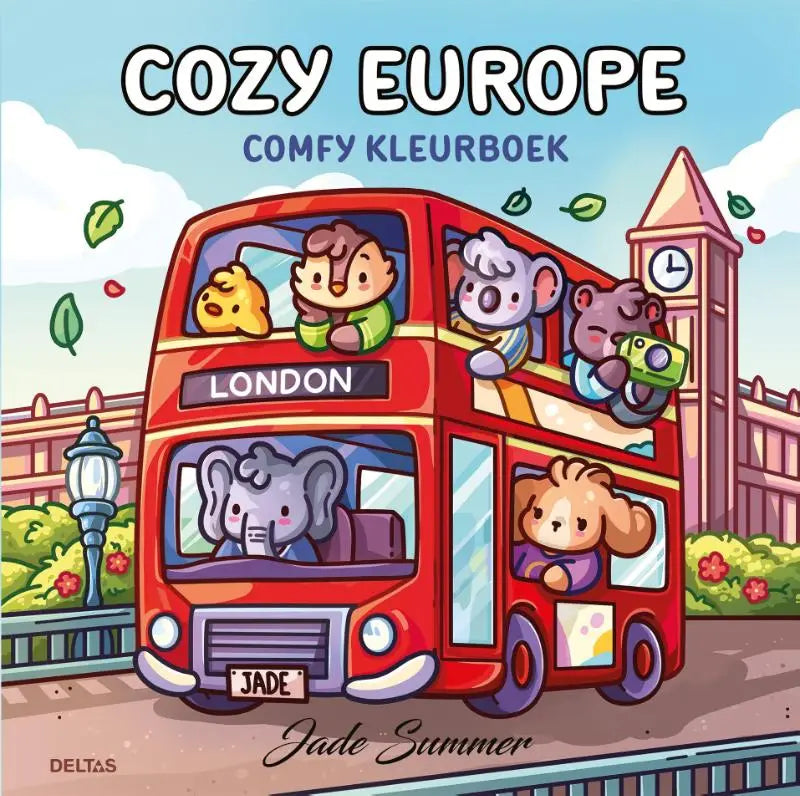 Kleurboek jade summer met rode dubbeldekkerbus en cartoon dierenpassagiers met london signage
