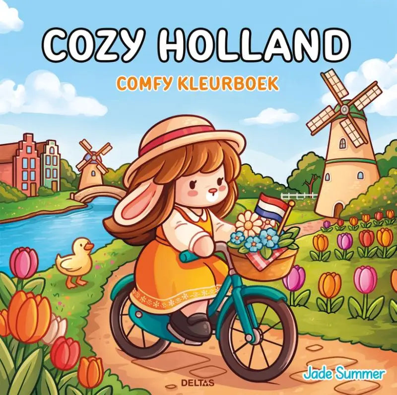 Cozy holland jade summer kleurboek met cartoon konijn in oranje jurk en strohoed op aqua fiets door tulpenvelden en molens