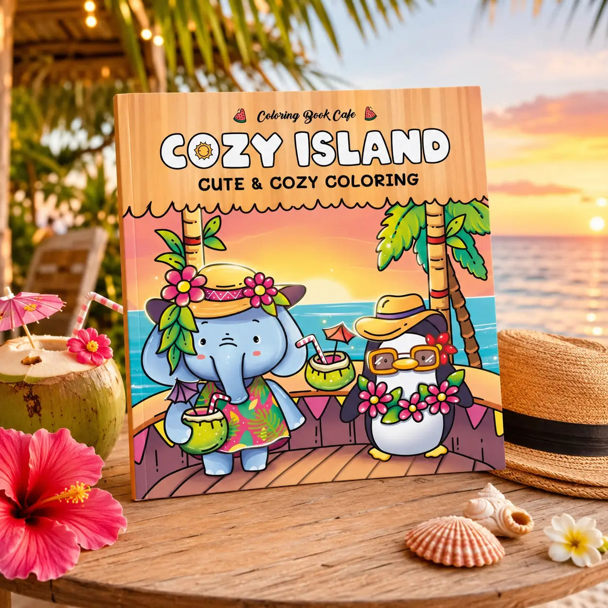 Cozy island kleurboek met kawaii dieren in tropische eilandscènes op glanzend papier voor ontspannend kleuren