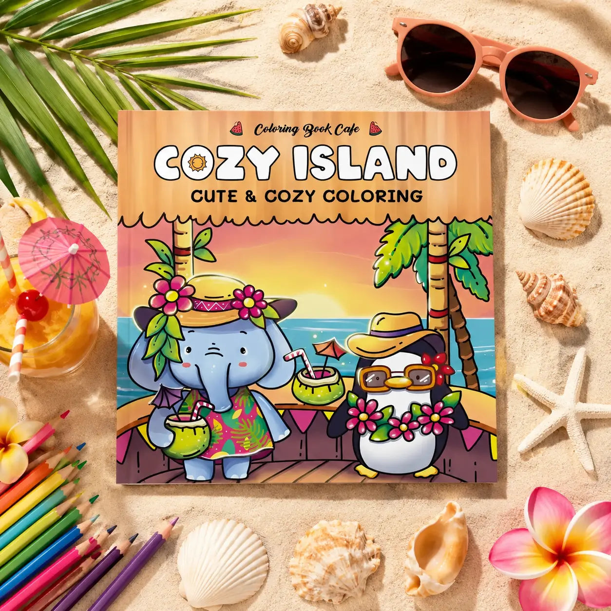 Cozy island kleurboek met kawaii dieren inclusief cartoon olifant en pinguïn in tropische eilandscènes
