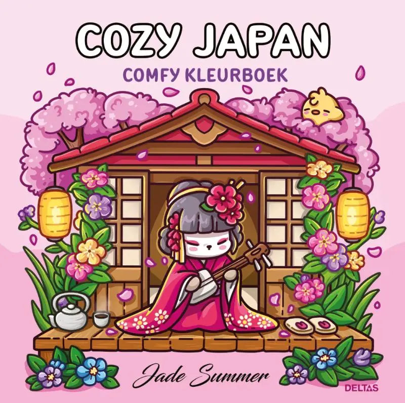 Een roze wit materiaal kleurboek comfy kleurboek jade zomer met een geisha in rood kimono onder kersenbloesems