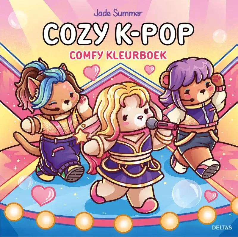 Vibrant cozy k-pop comfy kleurboek met drie cartoondieren in stijlvolle outfits op roze gele podiumachtergrond