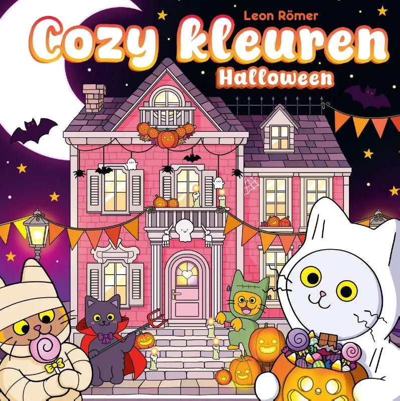 Cozy kleuren halloweenhuis met paarse dak, oranje pompoendecoraties en verklede cartoonkatten van leon römer