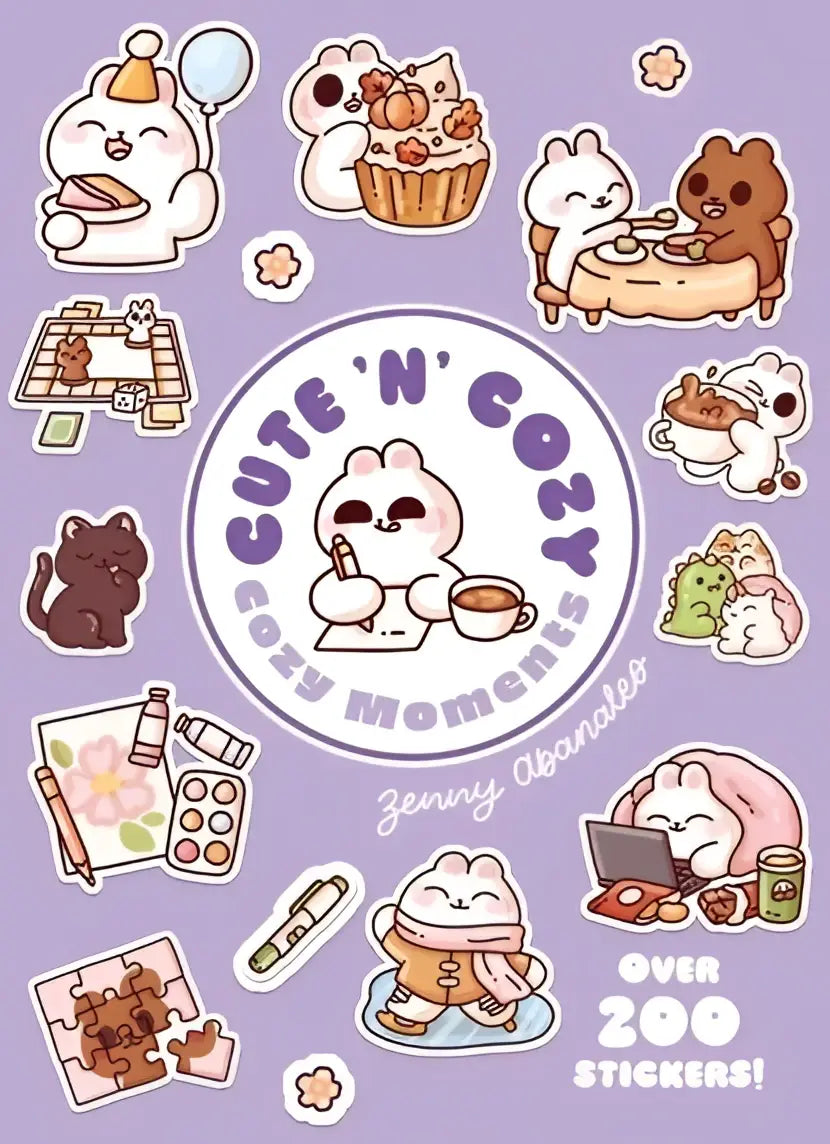 Cute pastel-colored cozy little sticker sheet featuring adorable cartoon animals in whimsical cozy little scenes
