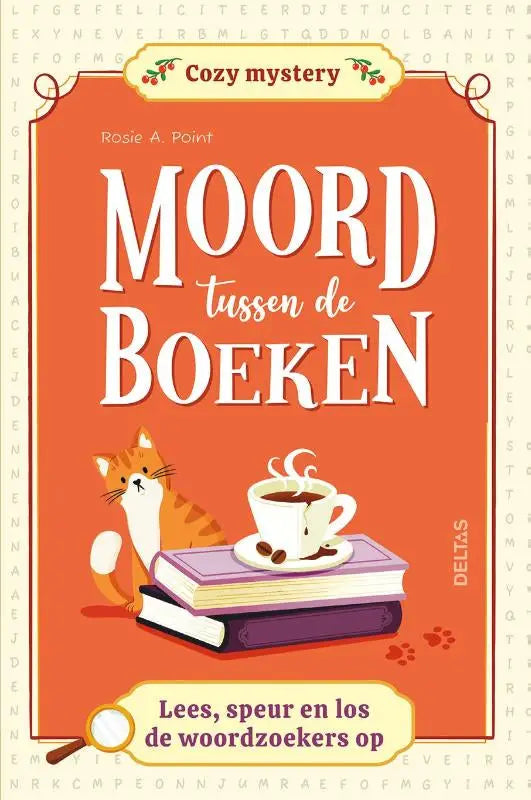 Oranje boekcover van cozy mystery moord tussen de boeken met een oranje tabby kat, gestapelde boeken en koffiecup