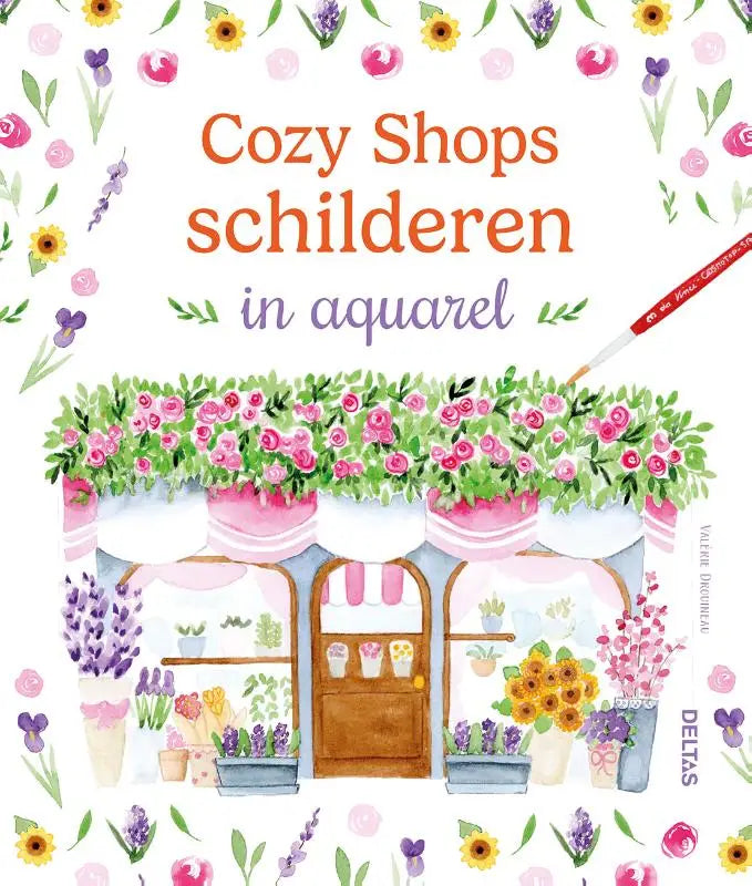 Waterverfschilderij van een charmante bloemenwinkel met roze en paarse bloemen en lavendel, perfect voor cozy shops schilderen