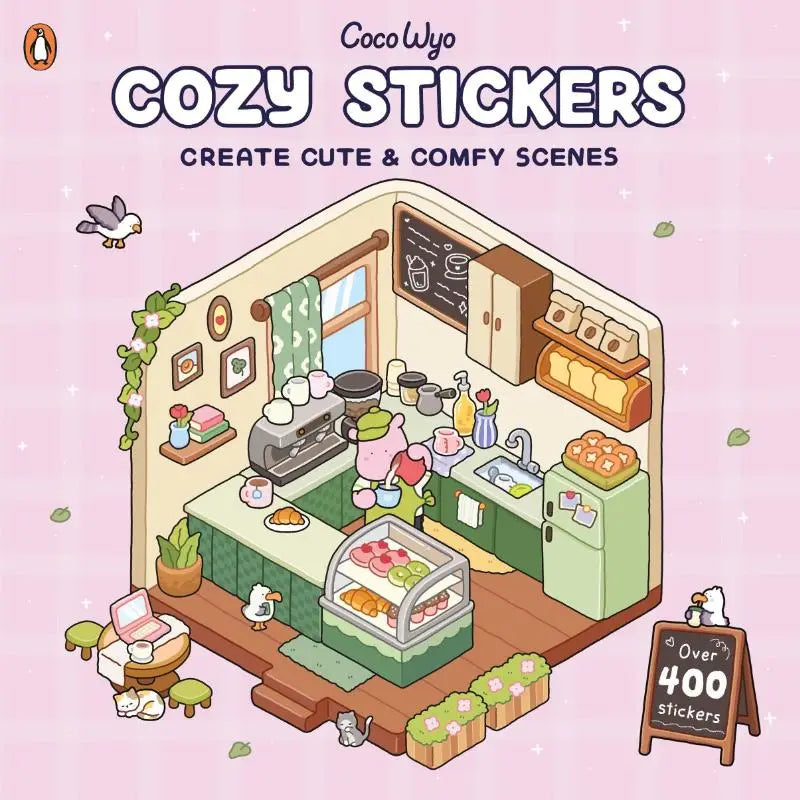 Coco wyo cozy stickers boek met charmante café illustratie in pastelkleuren en dierenpersonages voor kinder non-fictie
