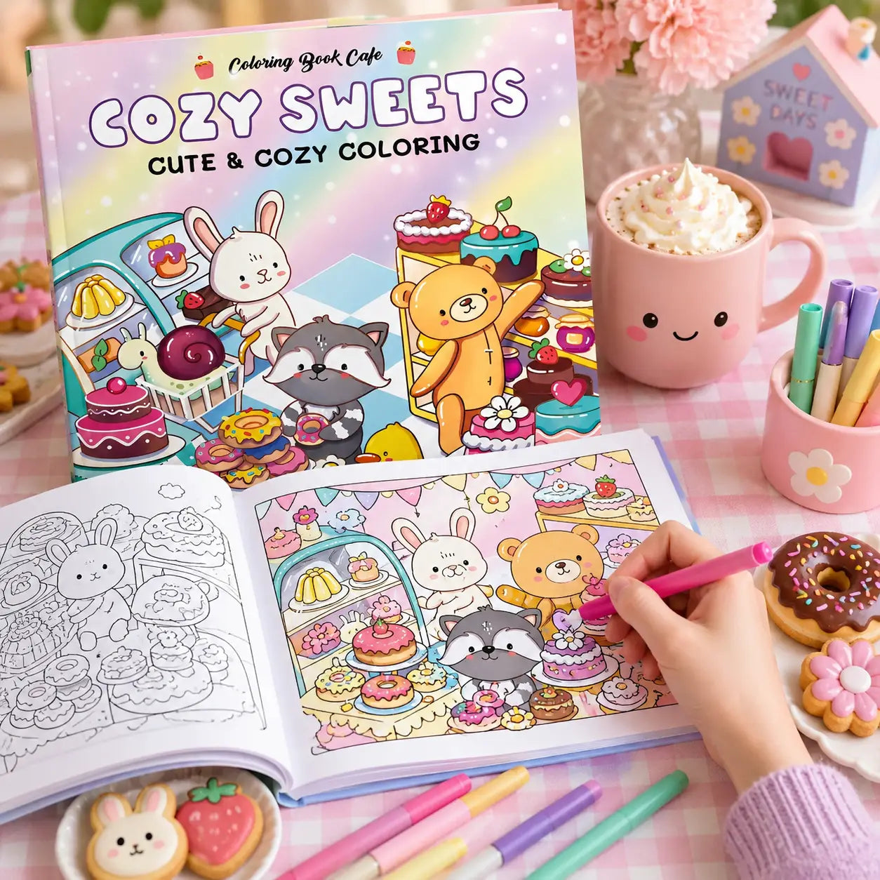 Pastel kleuren cozy sweets kleurboek met kawaii illustraties en een hand die een pagina van cozy colouring trend inkleurt
