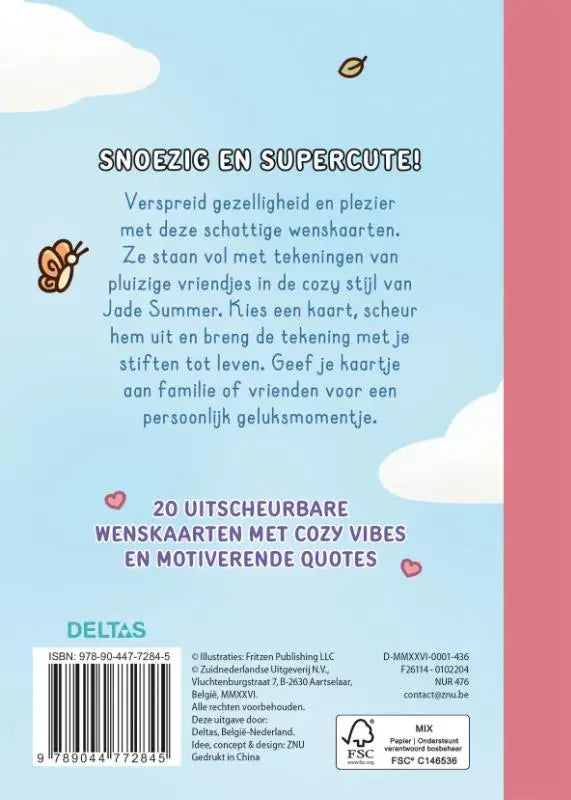 Lichtblauw kinderwenskaartenboek cozy wishes met 20 vrolijke kleurenkaarten en illustraties van vlinders en wolken