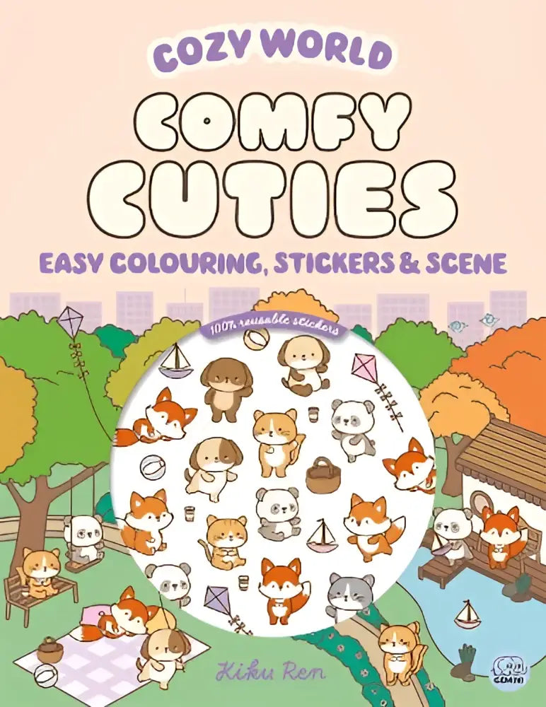 Cozy world comfy cuties kleurboek met schattige pastelkleuren cartoon dieren en lieve stickerontwerpen