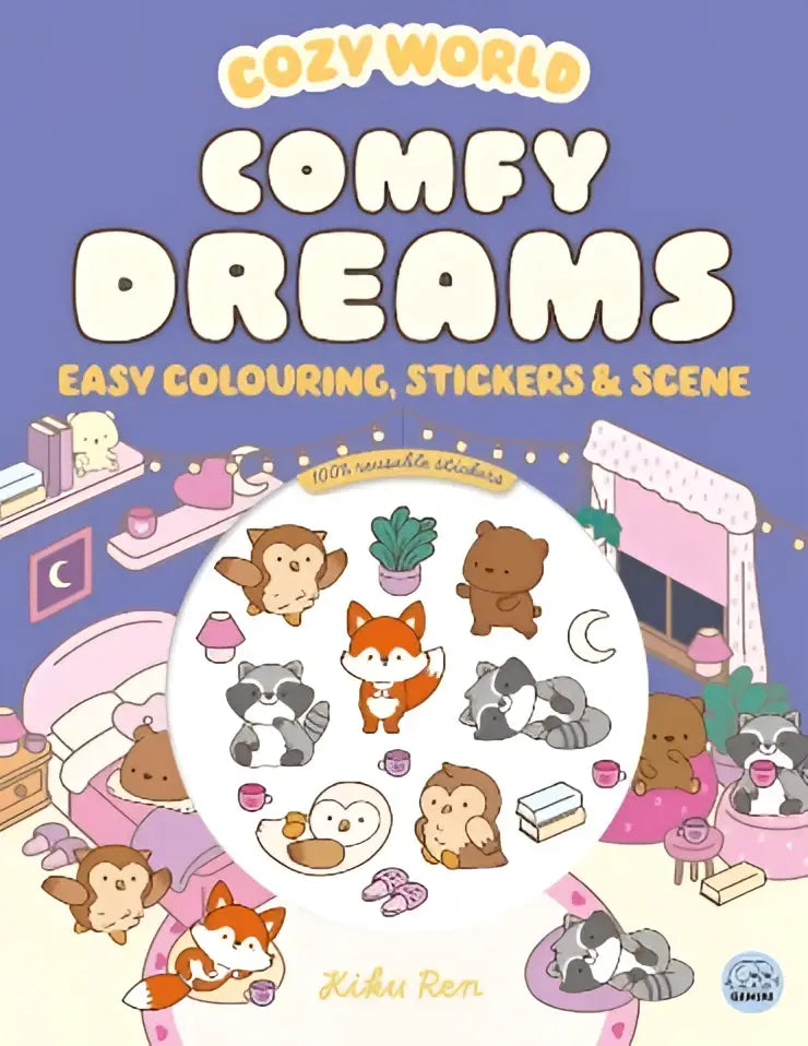 Cozy world comfy dreams sticker and coloring book with adorable pastel animal stickers on gentle purple background