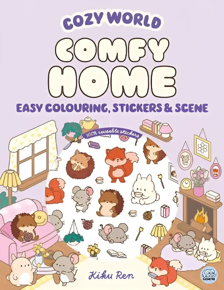 Cozy world comfy home kleurboek met schattige dierenstickers en zachte pastelkleurige scène-elementen