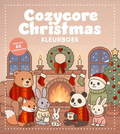 Cozycore christmas kleurboek met kerstkleurplaat van dieren in warme winterkleding bij een open haard