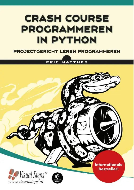 De cover van crash course programmeren in python door eric matthes toont een zwartwit slang om een motor op een gele achtergrond