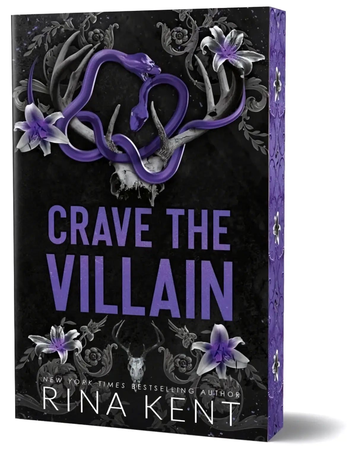 Crave the villain special edition book cover by rina kent with purple snake coiled on antlers and silver flowers