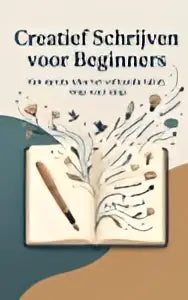 Een beige boek creatief schrijven voor beginners met een minimalistisch ontwerp over creatief schrijven en voltooide tekst