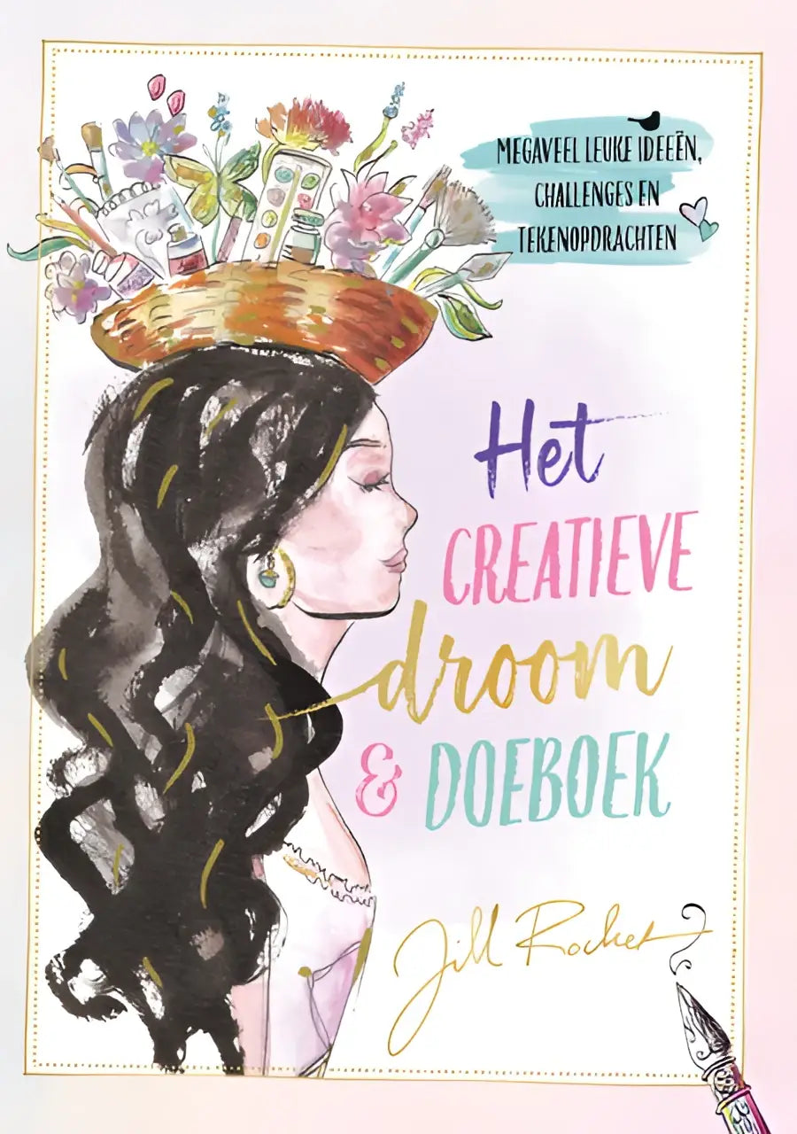 Een illustratie van een vrouw met lange golvende haren die een mand met kleurrijke bloemen en knutselspullen draagt voor het creatieve droom doeboek