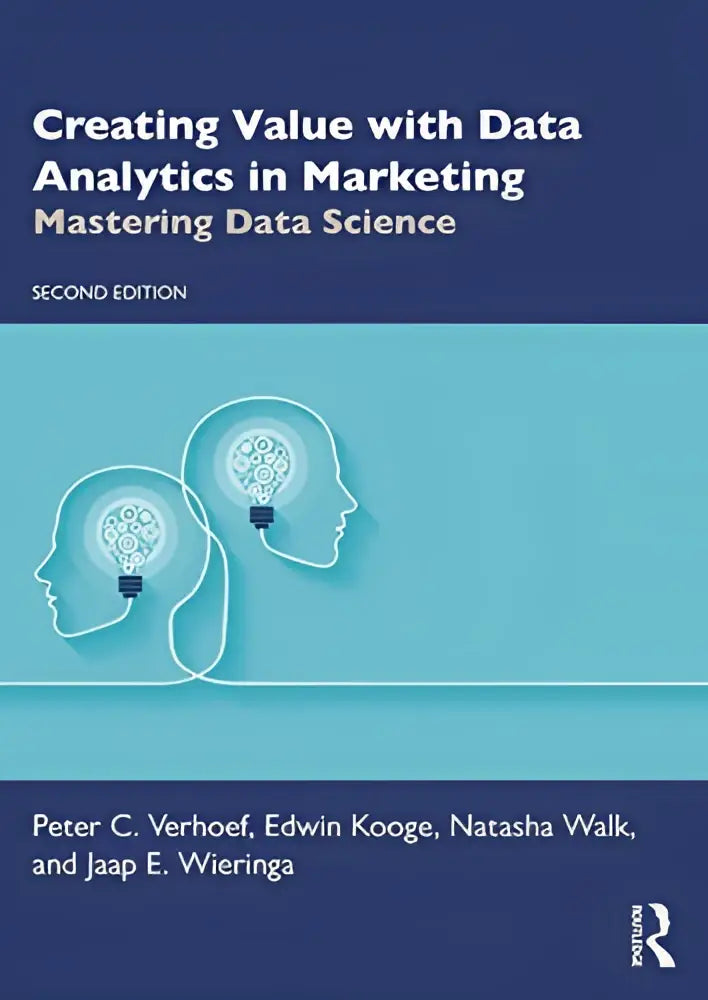 Het boek creating value with data analytics in marketing toont een modern ontwerp met witte silhouetten op blauwe achtergrond