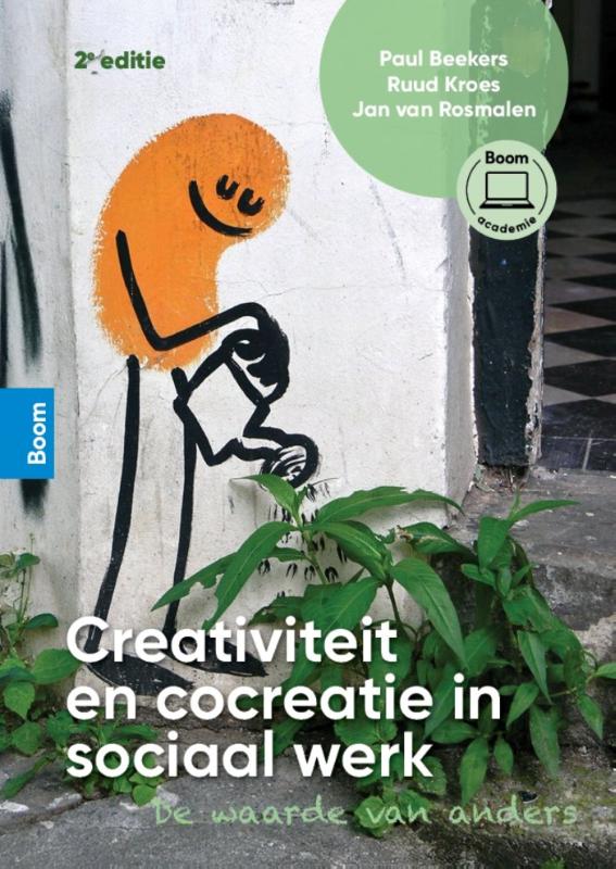 Boekcover Creativiteit en cocreatie in sociaal werk met oranje-zwarte cartoonfiguur